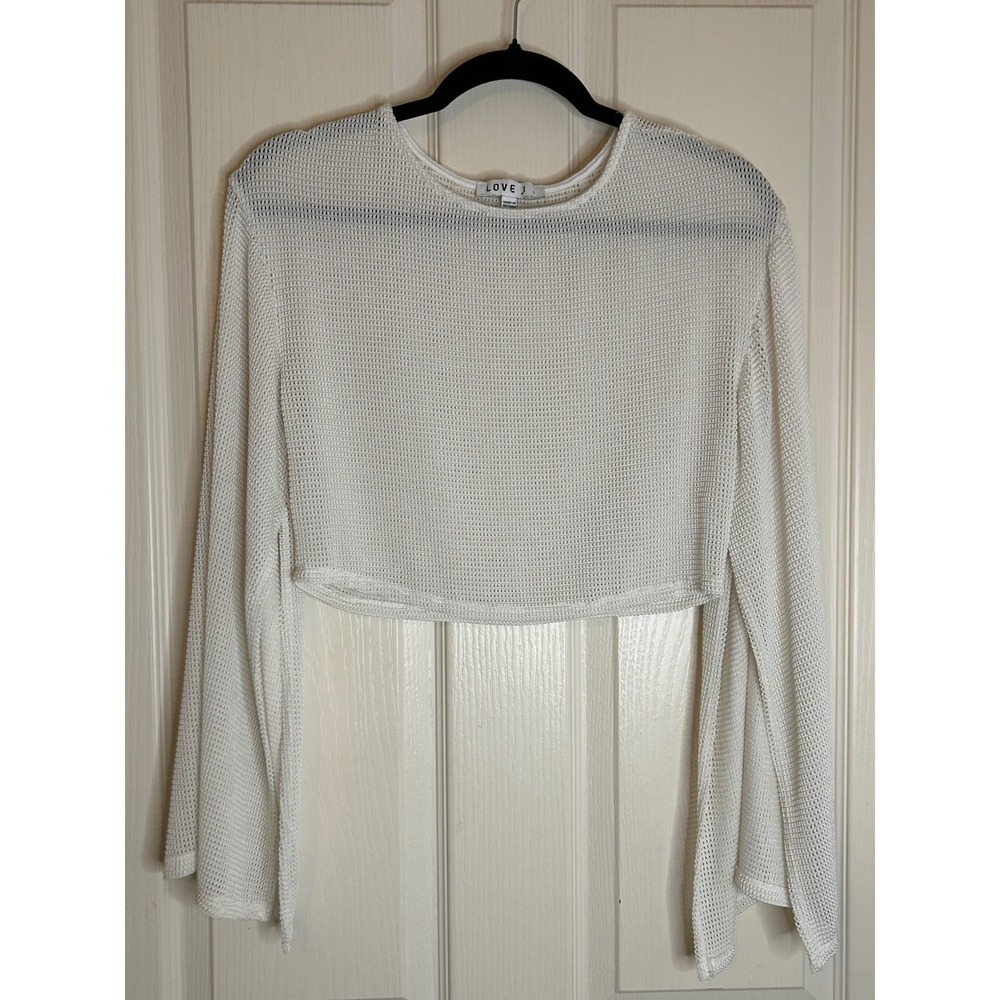 Love J White Mesh Long Bell Sleeve Crop Top Beach Size L  Womens